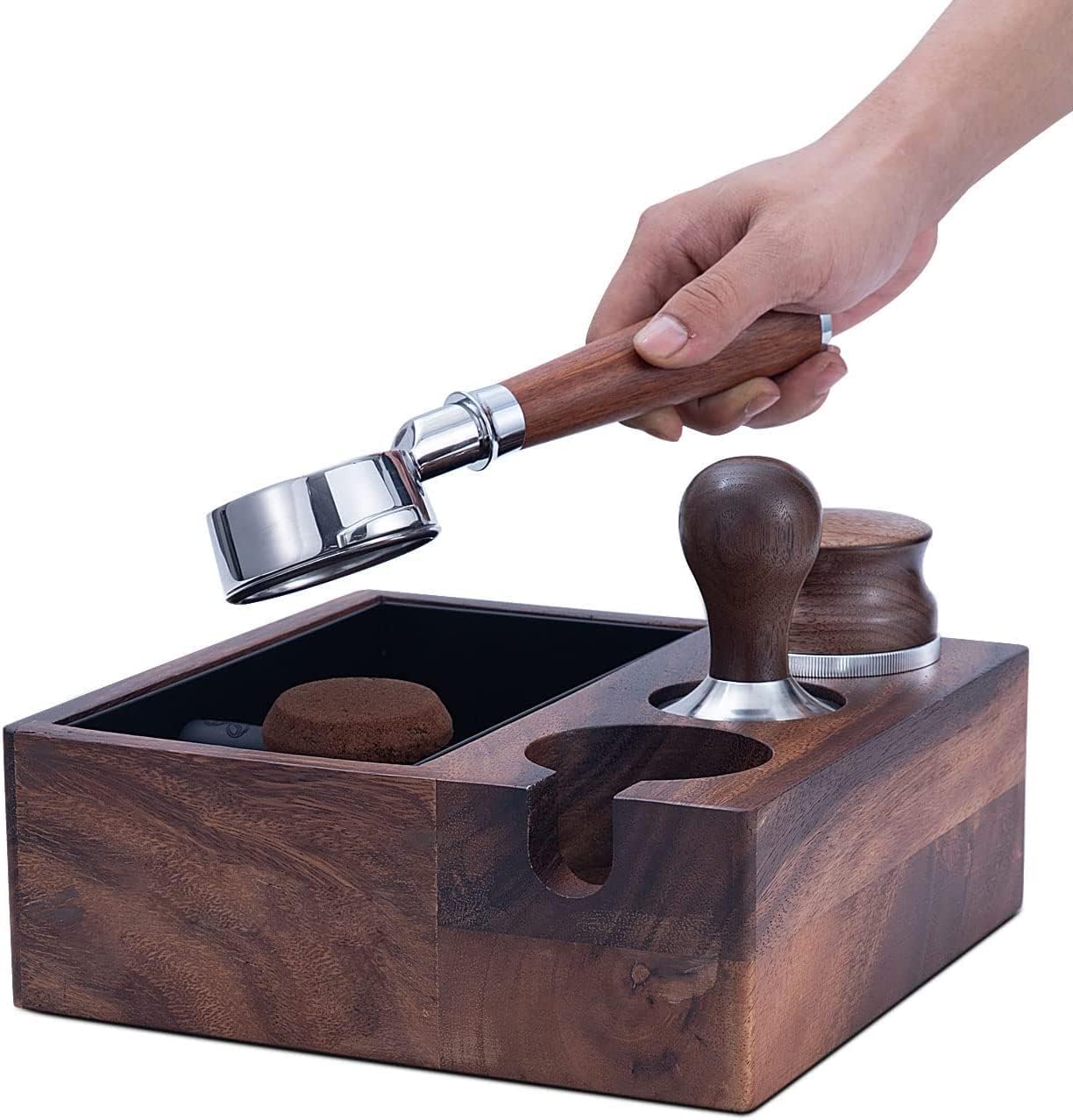 58mm Espresso Knock Box and Tamping Station,Coffee Machine Accessories Wooden Tool Storage Boxs for Tamper,Distributor and Portafilter