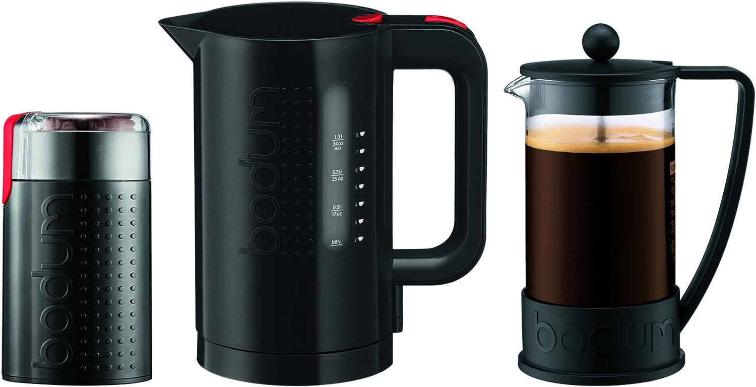 Bodum Brazil Set, French Press 8 Cup Coffee Maker, Electric Coffee Blade Grinder  Electric 34 oz. Water Kettle, , Black