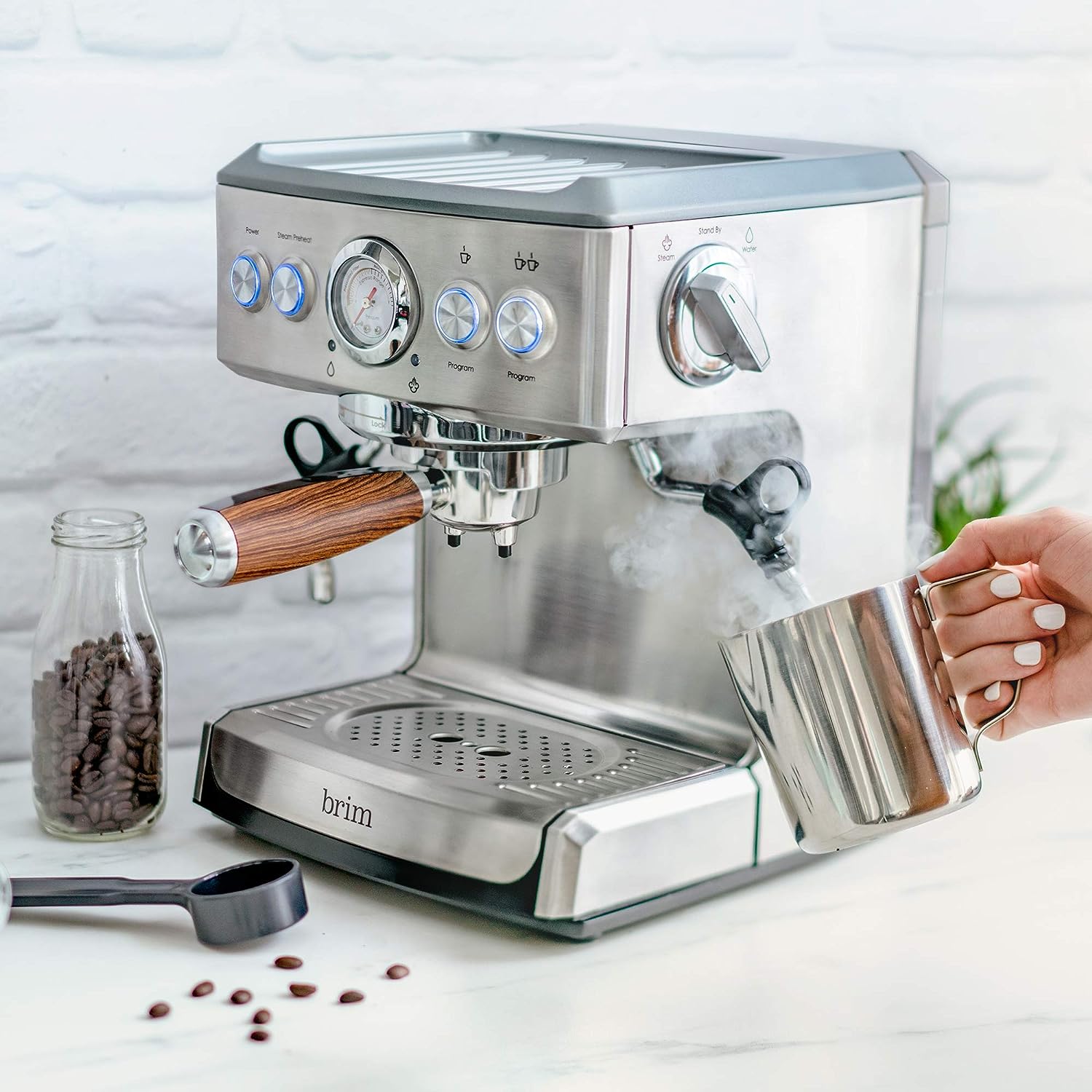 brim 19 Bar Espresso Machine, Fast Heating Cappuccino, Americano, Latte and Espresso Maker, Milk Steamer and Frother, Removable Parts for Easy Cleaning, Stainless Steel with Wood Accents