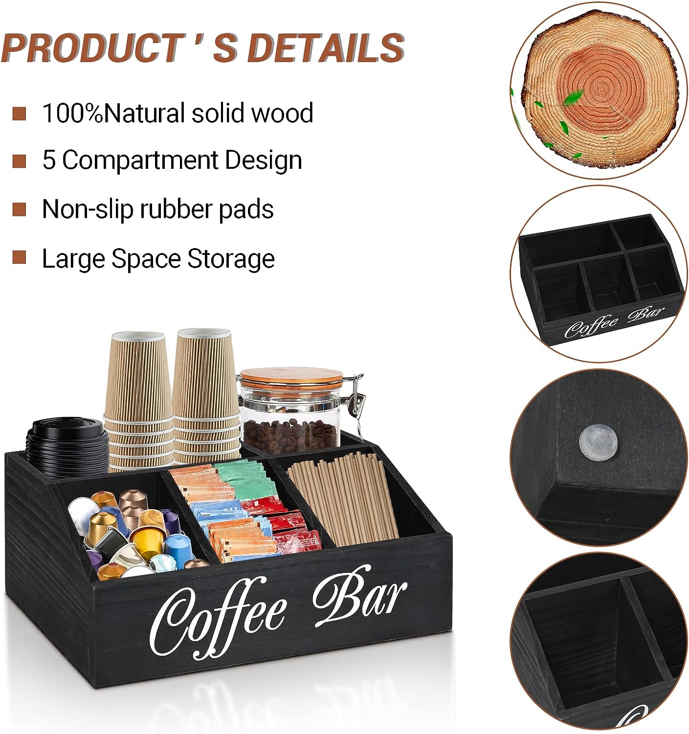 Coffee Station Organizer for Counter, Wood Coffee Pods Holder Storage Basket, Coffee and Tea Condiment Storage Organizer, Rustic Coffee Bar Decor for Coffee Accessories Organizer