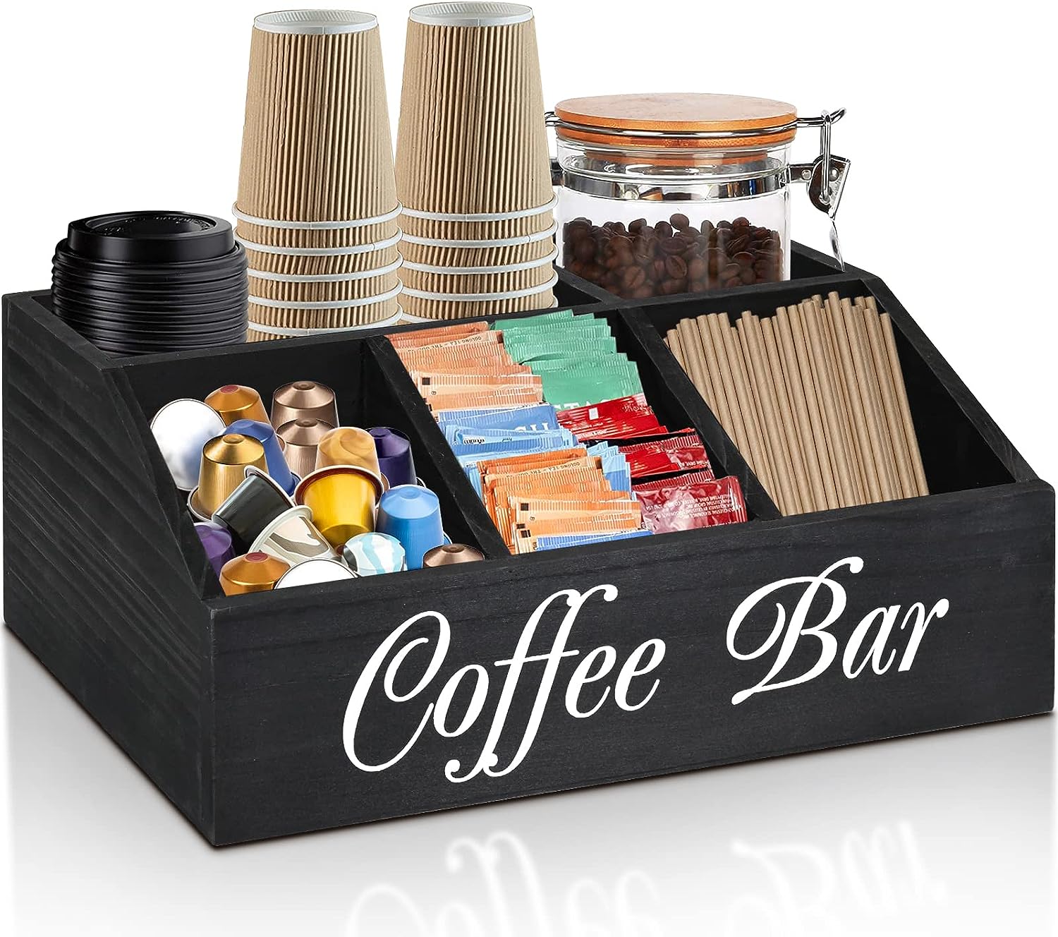 Coffee Station Organizer for Counter, Wood Coffee Pods Holder Storage Basket, Coffee and Tea Condiment Storage Organizer, Rustic Coffee Bar Decor for Coffee Accessories Organizer