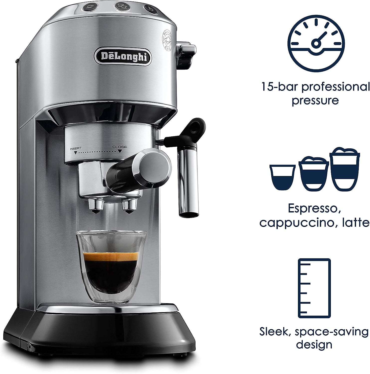 DeLonghi Dedica EC680M, Espresso Machine, Coffee and Cappucino Maker with Milk Frother, Metal / Stainless, Compact Design 6 in Wide, Fit Mug Up to 5 in