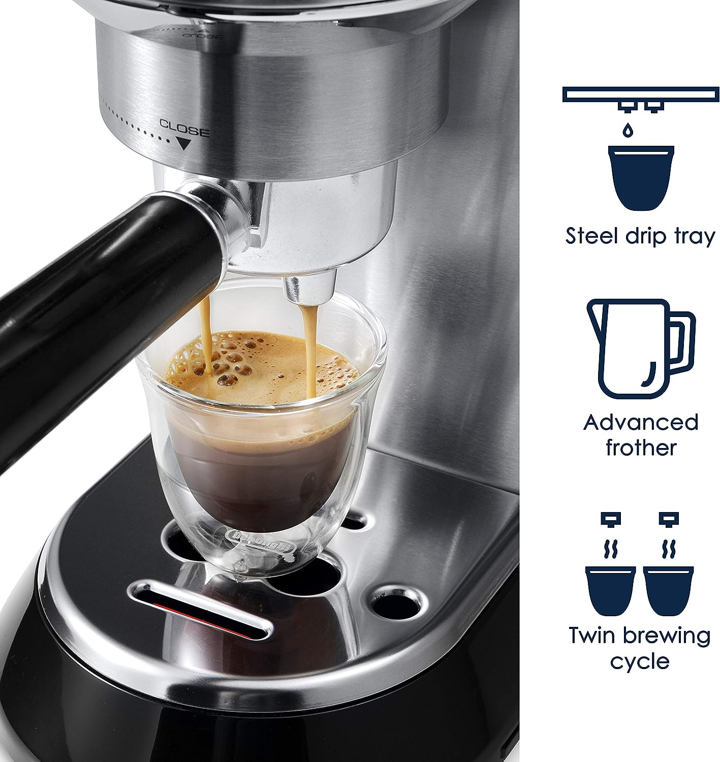 DeLonghi Dedica EC680M, Espresso Machine, Coffee and Cappucino Maker with Milk Frother, Metal / Stainless, Compact Design 6 in Wide, Fit Mug Up to 5 in