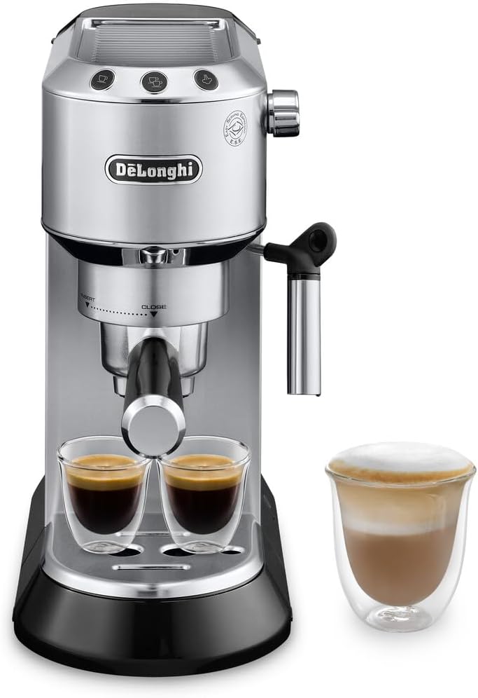 DeLonghi Dedica EC680M, Espresso Machine, Coffee and Cappucino Maker with Milk Frother, Metal / Stainless, Compact Design 6 in Wide, Fit Mug Up to 5 in