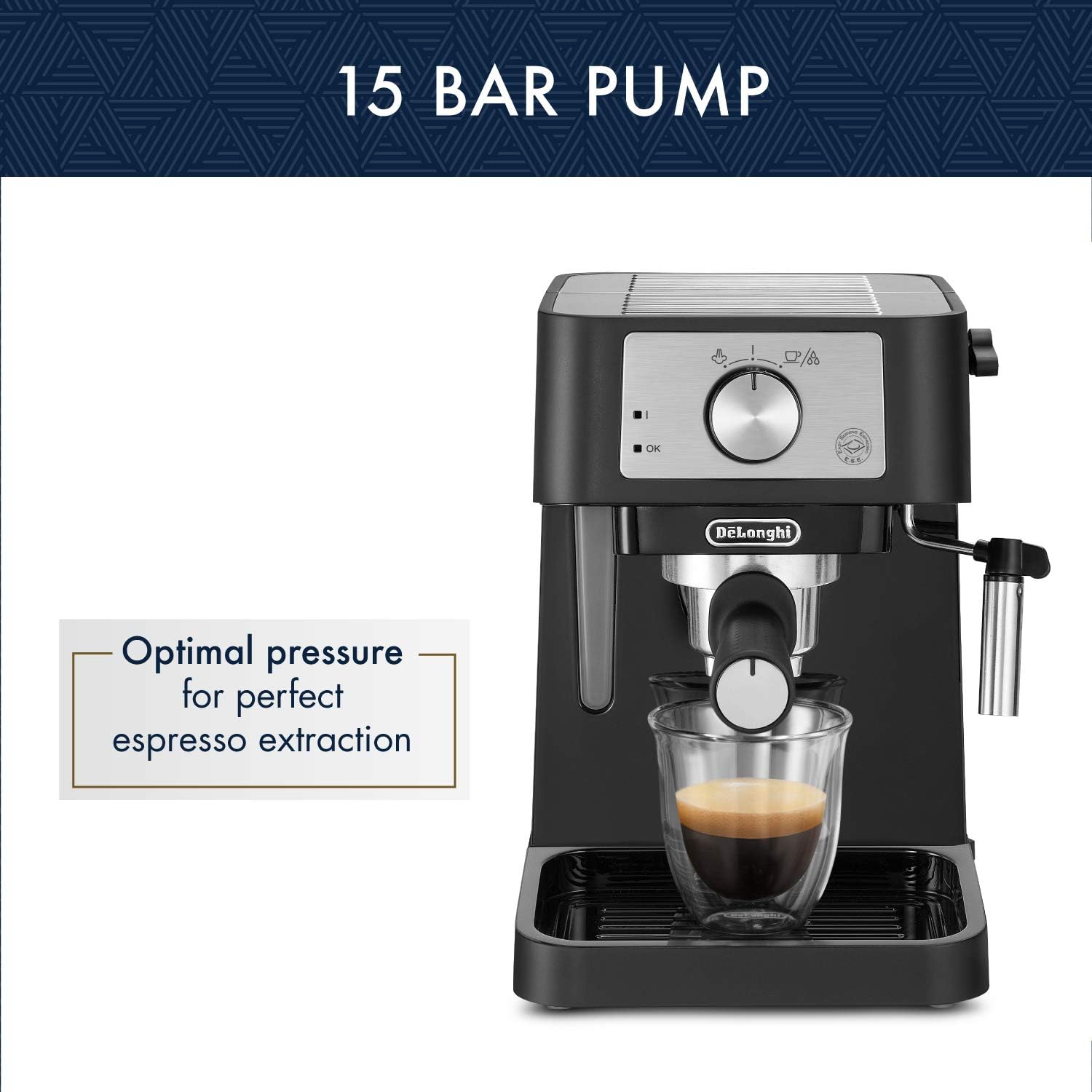 DeLonghi Stilosa Manual Espresso Machine, Latte  Cappuccino Maker, 15 Bar Pump Pressure + Milk Frother Steam Wand, Black / Stainless, EC260BK, 13.5 x 8.07 x 11.22 inches