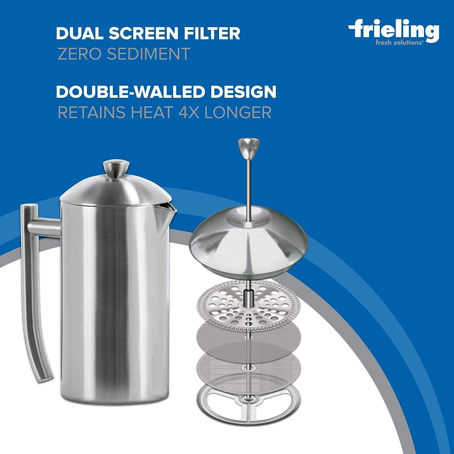 Frieling Double-Walled Stainless-Steel French Press Coffee Maker, Brushed, 36 Ounces
