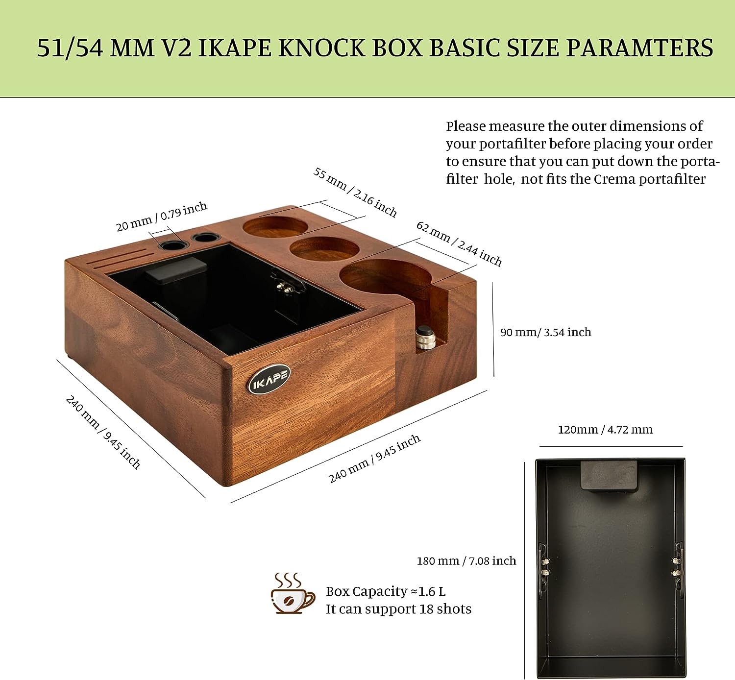 IKAPE V2 Espresso Knock Box, 54MM Espresso Coffee Organizer Box Fit for Storage 51 to 54MM Espresso Tamper, Distributor, Portafilter  Puck Screen Accessories, Natural Walnut Station Base (8 IN One)