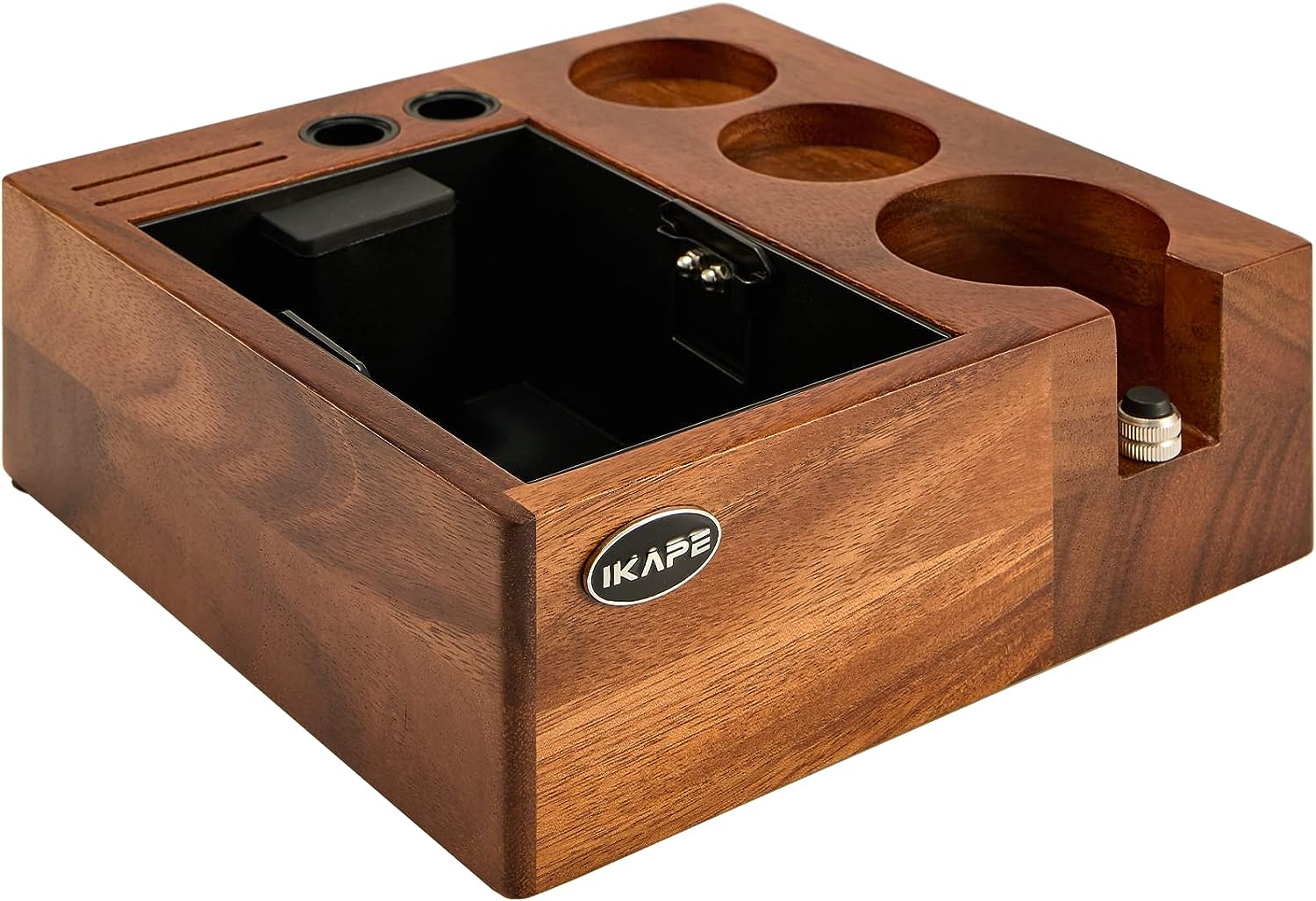 IKAPE V2 Espresso Knock Box, 54MM Espresso Coffee Organizer Box Fit for Storage 51 to 54MM Espresso Tamper, Distributor, Portafilter  Puck Screen Accessories, Natural Walnut Station Base (8 IN One)