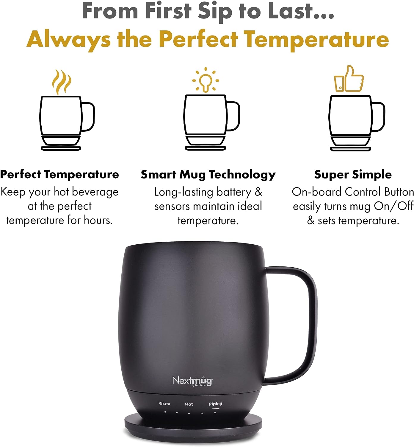 Nextmug - Temperature-Controlled, Self-Heating Coffee Mug (Black - 14 oz.)