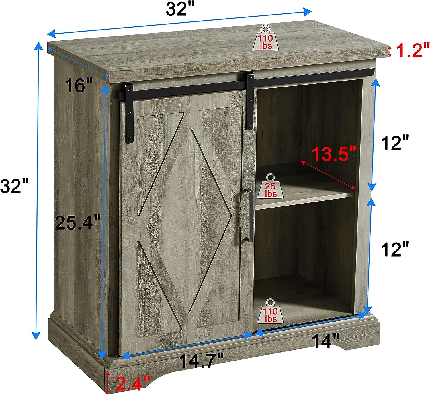 Okvnbjk Sideboard Buffet Cabinet,Coffee Bar Cabinet, 32in Cabinet with Sliding Barn Door, Small Farmhouse Buffet Table for Kitchen Living Room (Grey Wash)