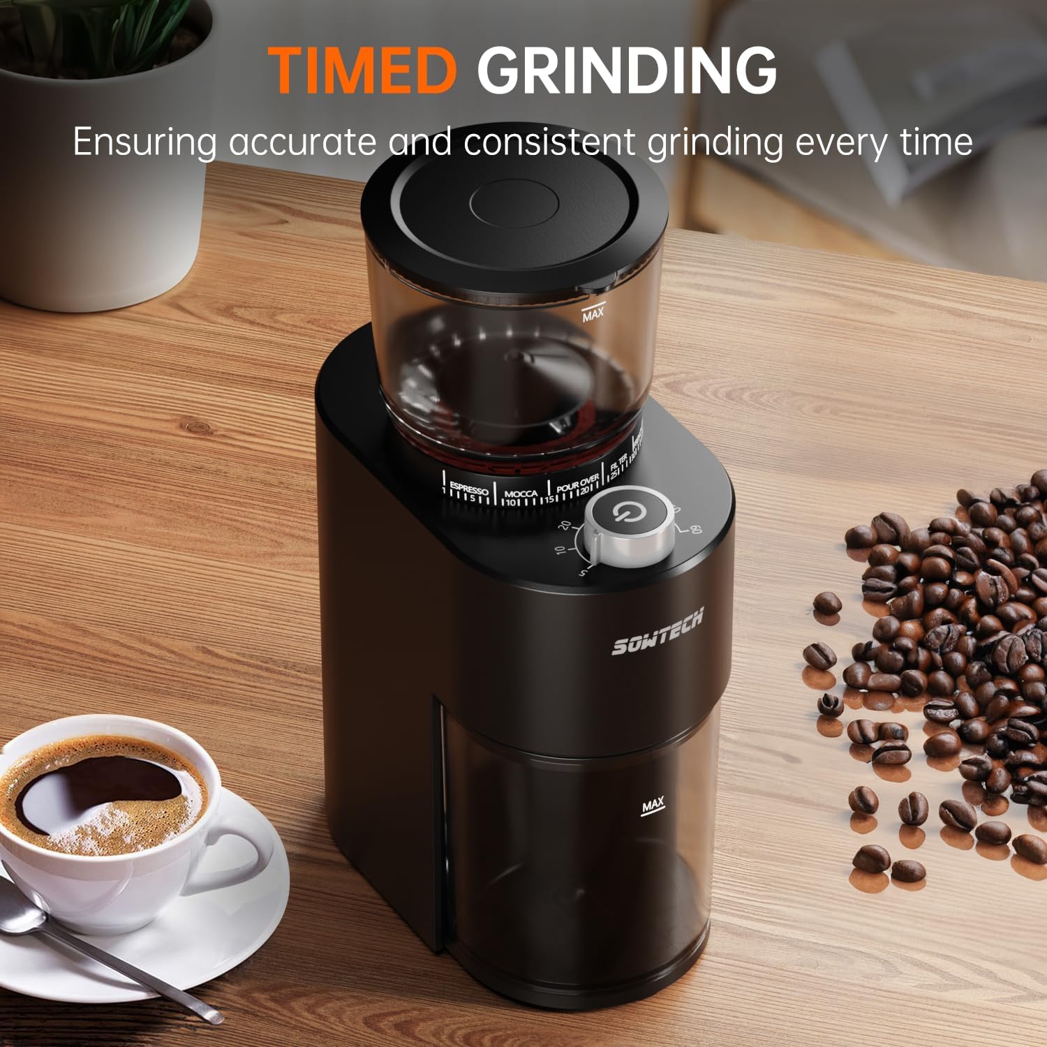 SOWTECH Anti-static Conical Burr Coffee Grinder, Adjustable Burr Mill with 38 Precise Grind Setting, precision timer, for Espresso/Drip/Pour Over/Cold Brew/French Press Coffee Maker(Black)