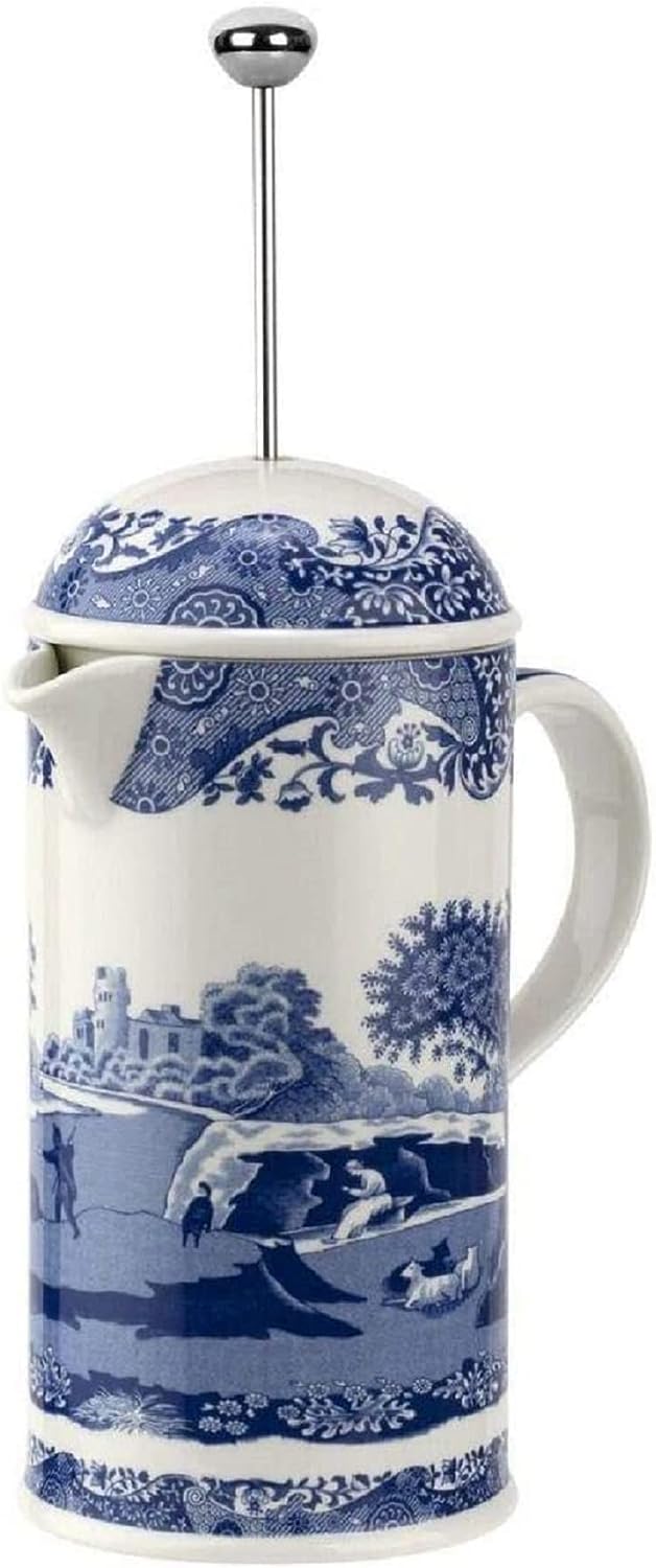 Spode Blue Italian French Press | 28-Ounce Capacity | Espresso, Coffee, and Tea Maker | Porcelain Cafetiere | Stainless Steel Plunger | Dishwasher Safe (Blue/White)