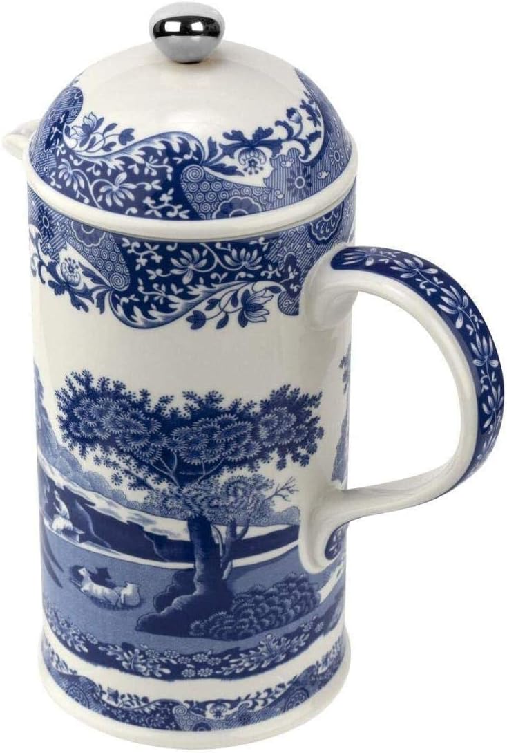 Spode Blue Italian French Press | 28-Ounce Capacity | Espresso, Coffee, and Tea Maker | Porcelain Cafetiere | Stainless Steel Plunger | Dishwasher Safe (Blue/White)