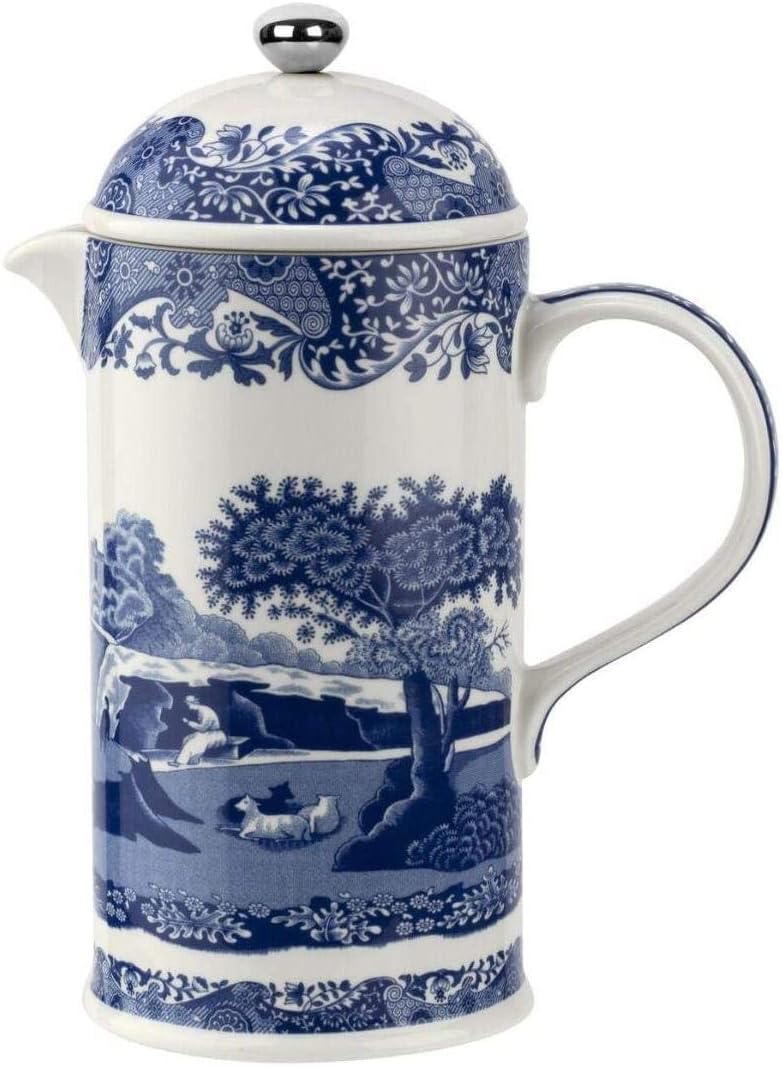 Spode Blue Italian French Press | 28-Ounce Capacity | Espresso, Coffee, and Tea Maker | Porcelain Cafetiere | Stainless Steel Plunger | Dishwasher Safe (Blue/White)