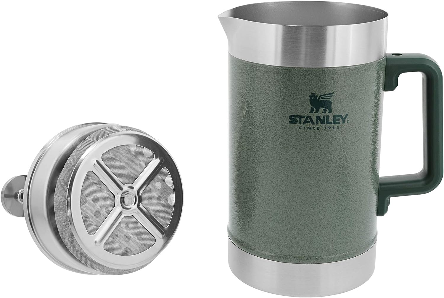 Stanley French Press 48oz with Double Vacuum Insulation, Stainless Steel Wide Mouth Coffee Press, Large Capacity, Ergonomic Handle, Dishwasher Safe, Hammertone Green