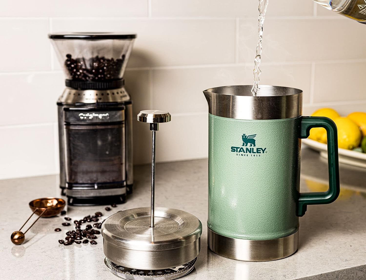 Stanley French Press 48oz with Double Vacuum Insulation, Stainless Steel Wide Mouth Coffee Press, Large Capacity, Ergonomic Handle, Dishwasher Safe, Hammertone Green