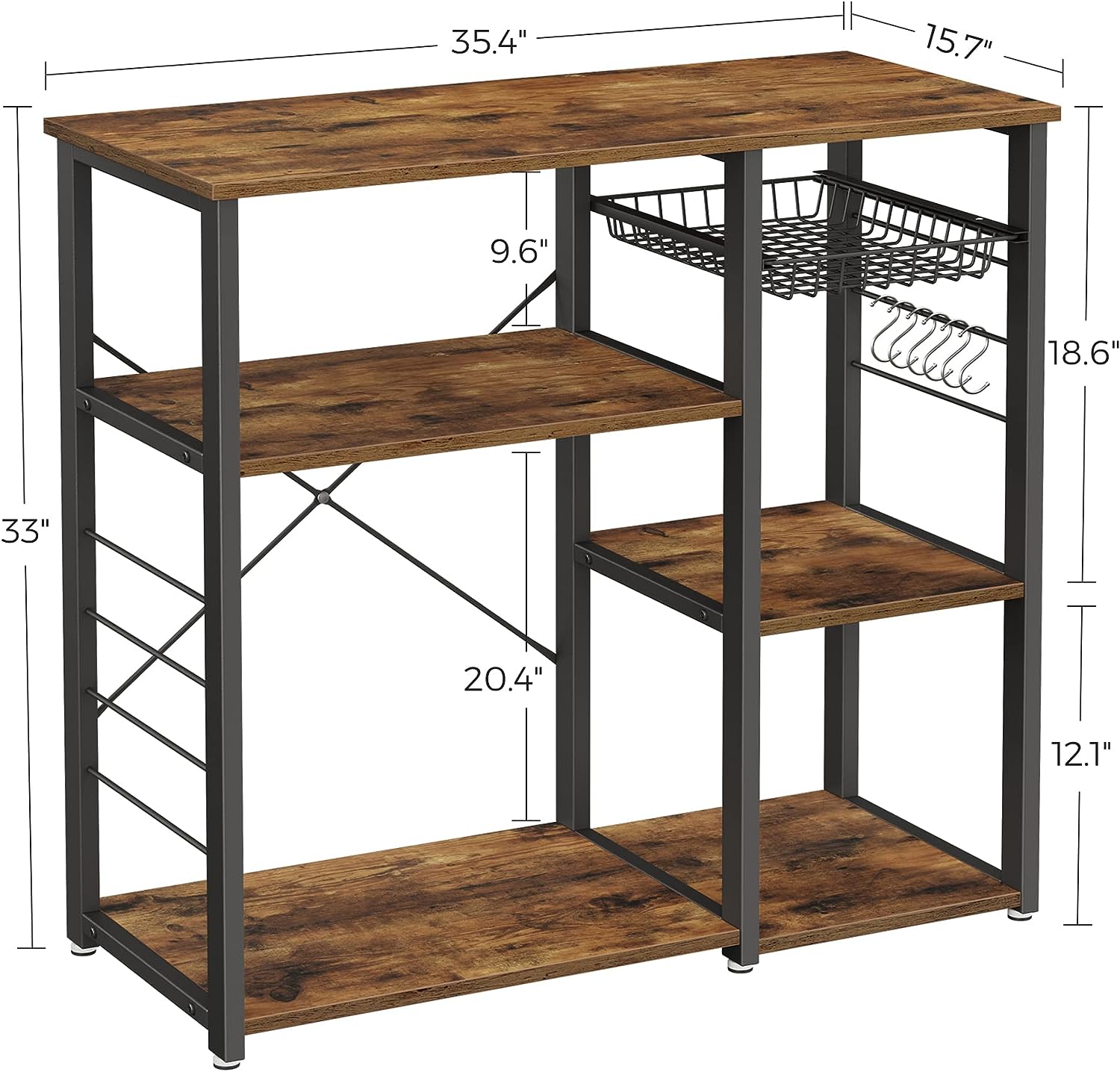 VASAGLE ALINRU Kitchen Baker’s Rack, Coffee Bar, Microwave Oven Stand, with Steel Frame, Wire Basket, 6 Hooks, 35.4, Rustic Brown