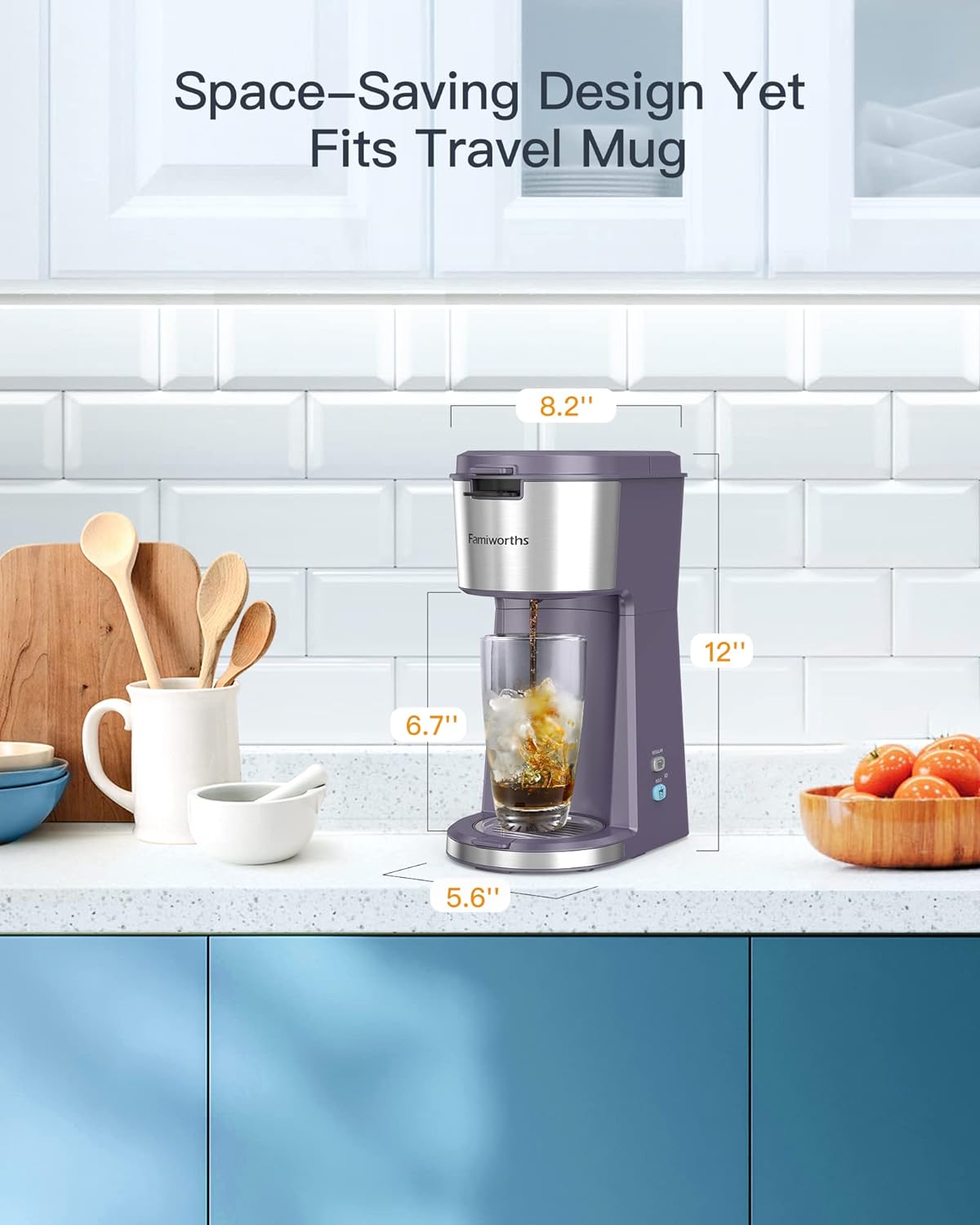 Famiworths Iced Coffee Maker, Hot and Cold Coffee Maker Single Serve for K Cup and Ground, with Descaling Reminder and Self Cleaning, Iced Coffee Machine for Home, Office and RV, Lavender