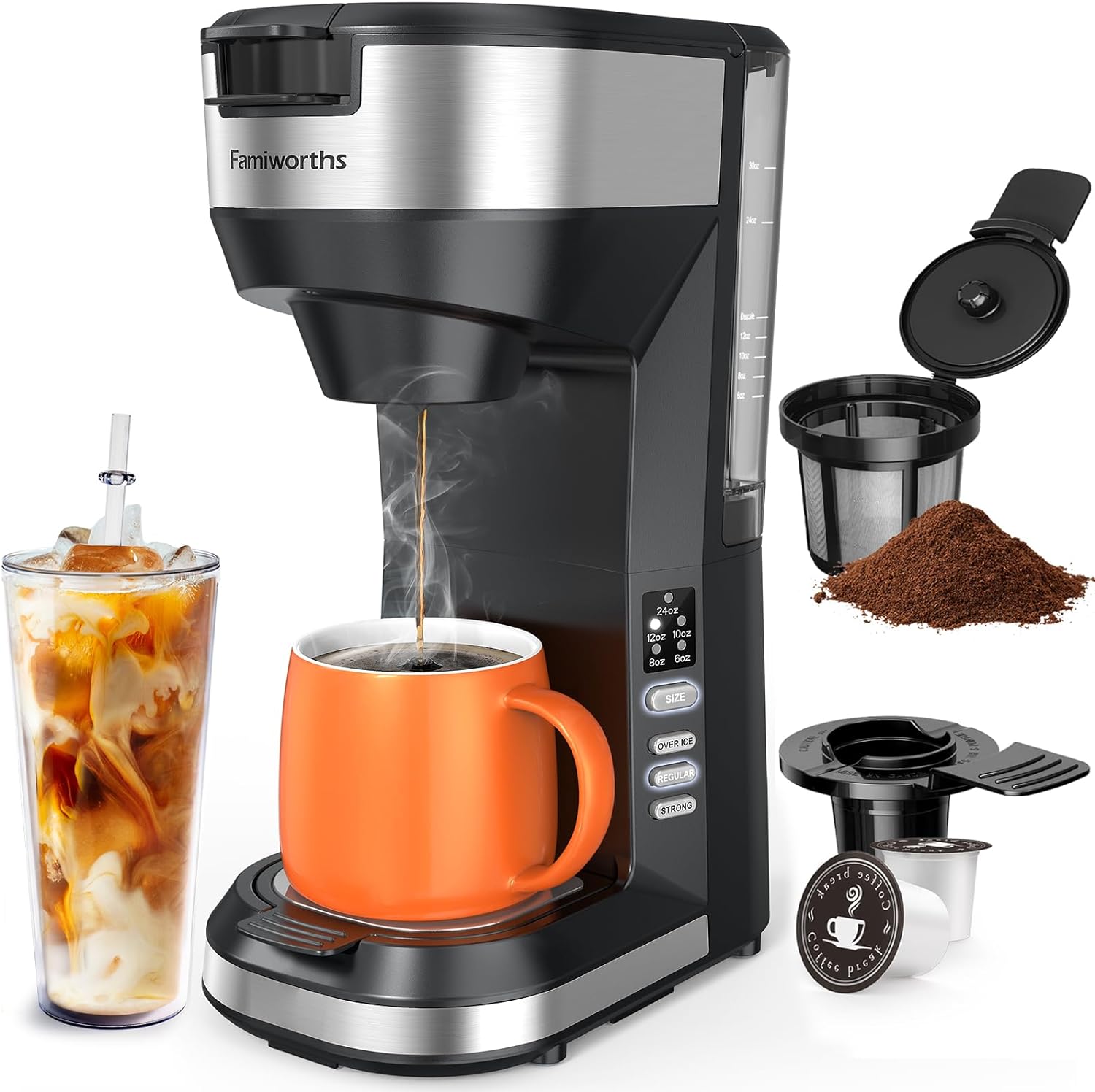 Hot and Iced Coffee Maker for K Cups and Ground Coffee, 4-5 Cups Coffee Maker and Single-serve Brewers, with 30Oz Removable Water Reservoir, 6 to 24Oz Cup Size, Pot and Tumbler Not Included, Black: Home  Kitchen