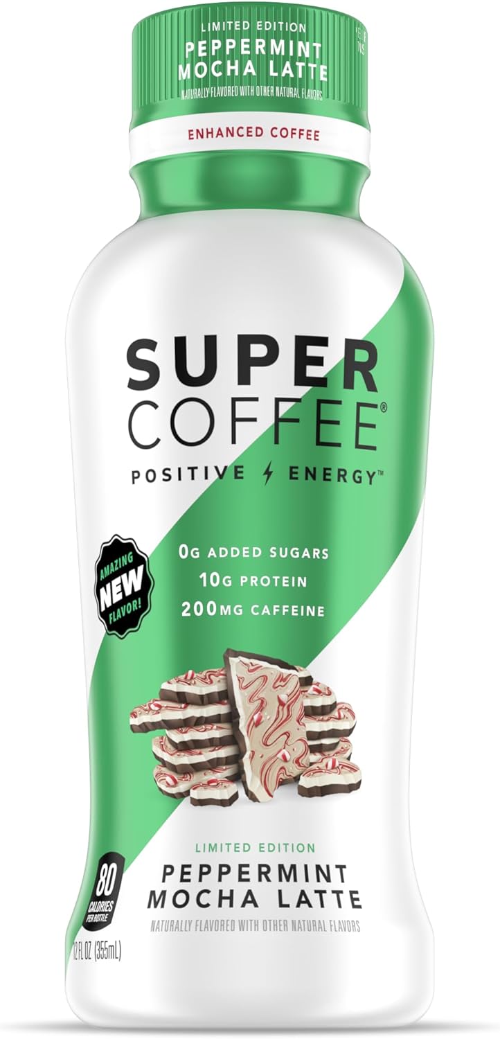 Super Coffee, Iced Keto Coffee (0g Added Sugar, 10g Protein, 70 Calories) [Peppermint Mocha Latte] 12 Fl Oz, 12 Pack | Iced Coffee, Protein Coffee Drinks - LactoseFree, GlutenFree