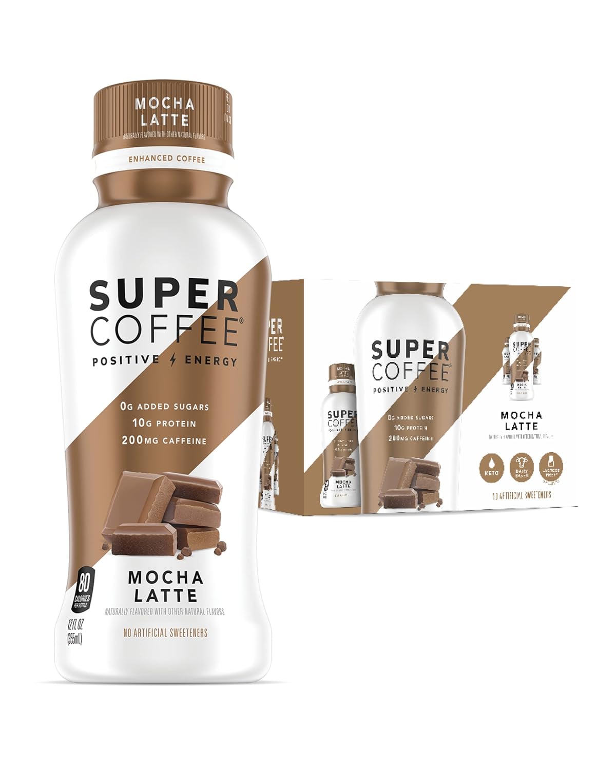 Super Coffee, Iced Keto Coffee (0g Added Sugar, 10g Protein, 80 Calories) [Mocha Latte] 12 Fl Oz, 12 Pack | Iced Coffee, Protein Coffee, Coffee Drinks, Smart Coffee - SoyFree GlutenFree